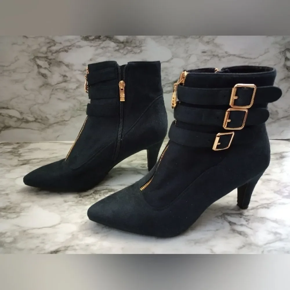 IDIFU Navy Blue Ankle Boots With Buckles Zip Closure Skinny Heel Size 10